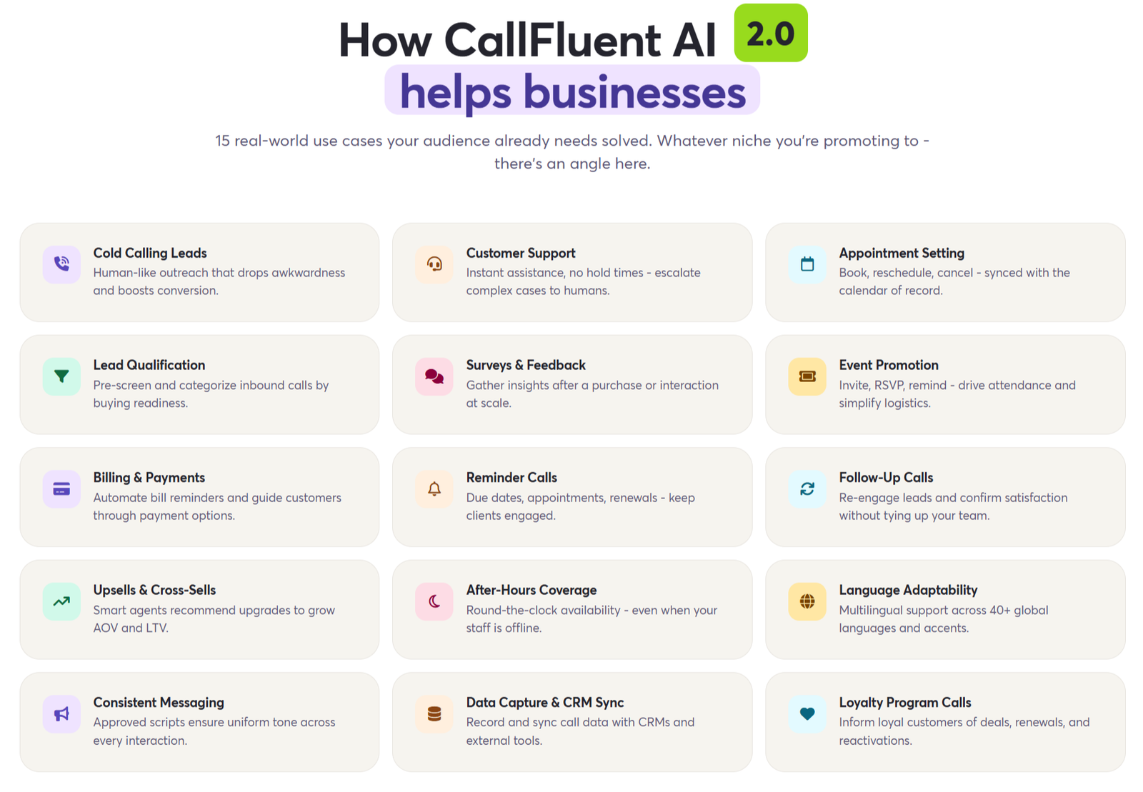 CallFluent AI 2.0 β Features CallFluent AI 2.0 - Features