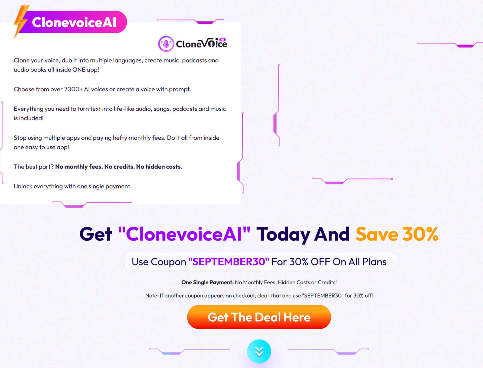 AI Software Sale (30% OFF AI Apps) - Clone Voice AI